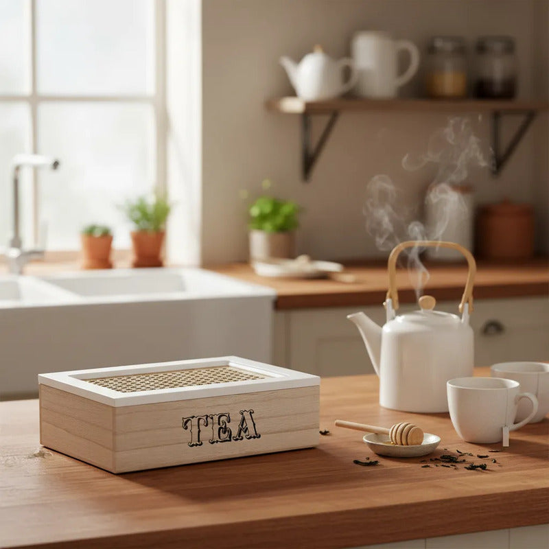 Organizador Infusiones Madera Bambu Estilo Nordico Hogar Top Tono Madera Oscura Natural Acabado Elegante Estilo Nordico Moderno Decorativo Vetas Visibles Premium Cocina Hogar Estetica Calida