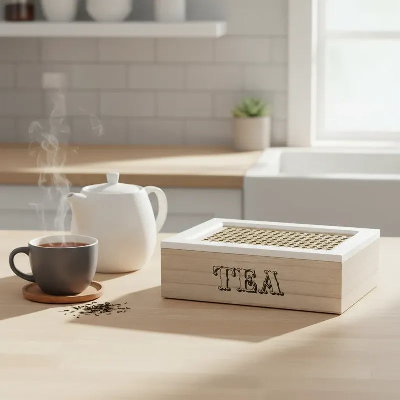 Caja Te Premium Madera Maciza Compartimentos Gourmet Cocina Tono Madera Oscura Natural Acabado Elegante Estilo Nordico Moderno Decorativo Vetas Visibles Premium Cocina Hogar Estetica Calida