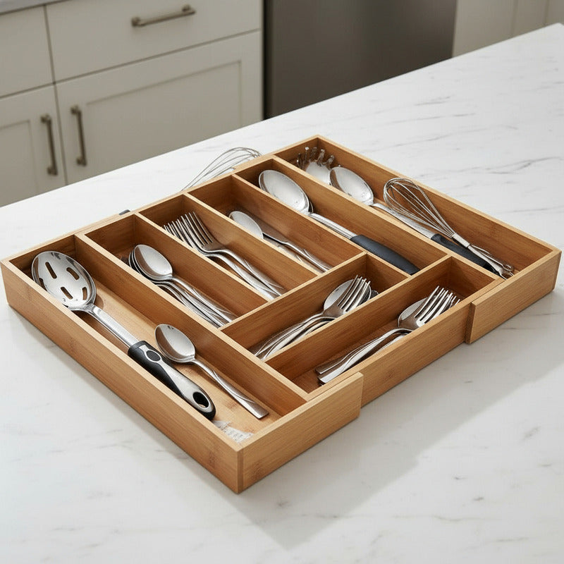 Organizador Cubiertos Bambú Expandible Cajón Cocina Ajustabl Bambú