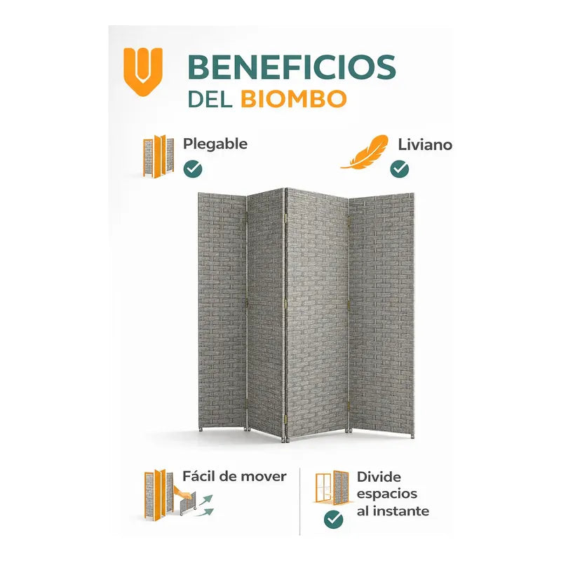 Biombo Divisor Oficina Ambientes Separador 4 Puertas 180 Cm Gris Claro Biombo Divisor Ambientes 4 Paneles 180 Cm Separador Oficina Hogar Plegable Geometrico Gris Claro Ratan Geometrico Ratan...