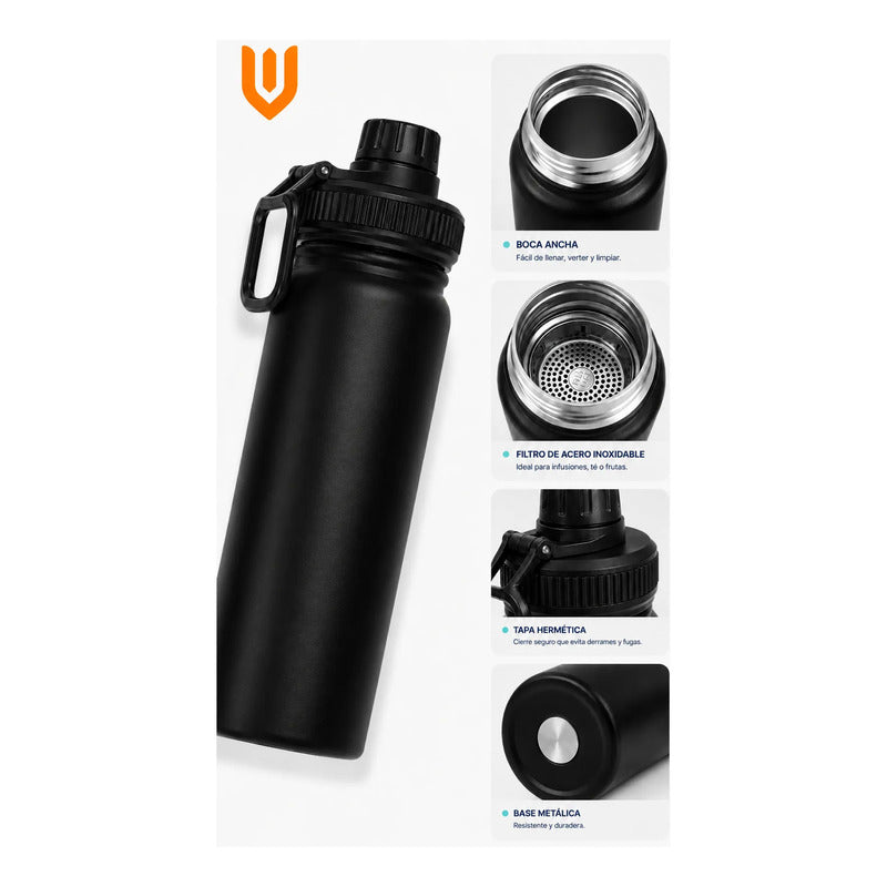 Termo Botella Acero Inoxidable Agua Termica Bebidas Camping Negro
