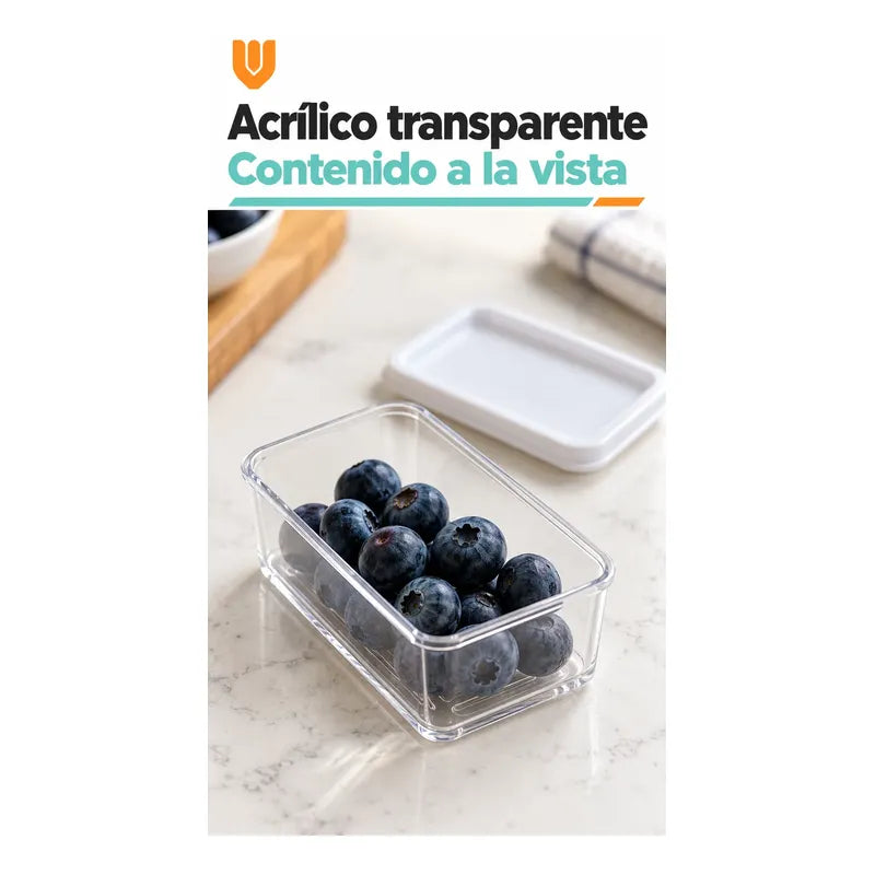 Set 6 Taper Organizadores Hermetico Tapa Conserveros Tupper Transparente Organizadores Alimentos Refrigerador Cocina Despensa Acrílico Transparente Tapas Blancas Rectangulares