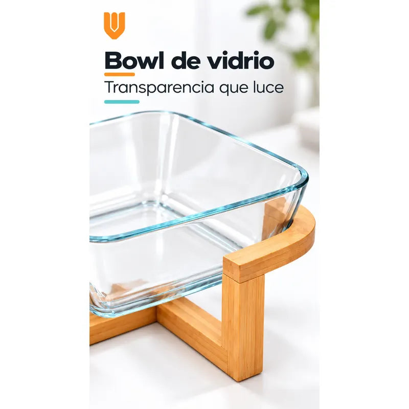 Bowl Vidrio Ensaladera Cuadrada Base Madera Bambu 20cm Transparente Base Bambu Bowl Cuadrado Vidrio Transparente Base Bambú Natural Soporte Cruzado Ensaladera Mesa Cocina 20cm