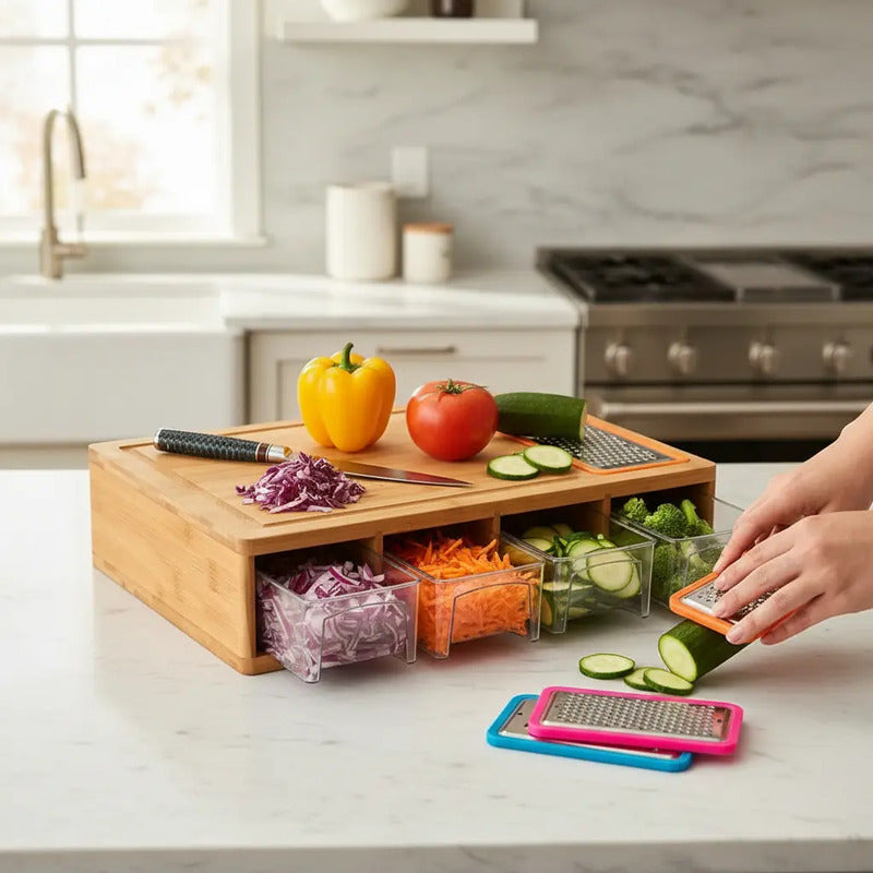 Tabla De Picar Vitrineon Bambu 40x27cm 4 Contenedores Liso Bambú