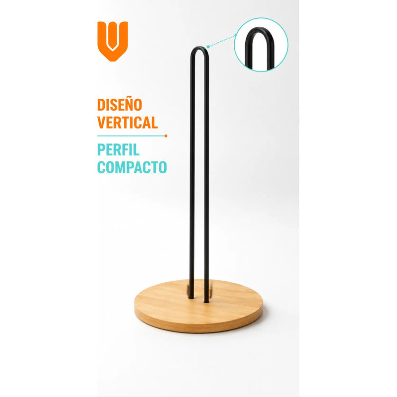 Soporte Toalla Nova Porta Rollo Toallas Papel Vertical Porta Toalla Nova Portarrollos Cocina Papel Absorbente Madera Metal Negro Vertical Sobremesa Base Circular