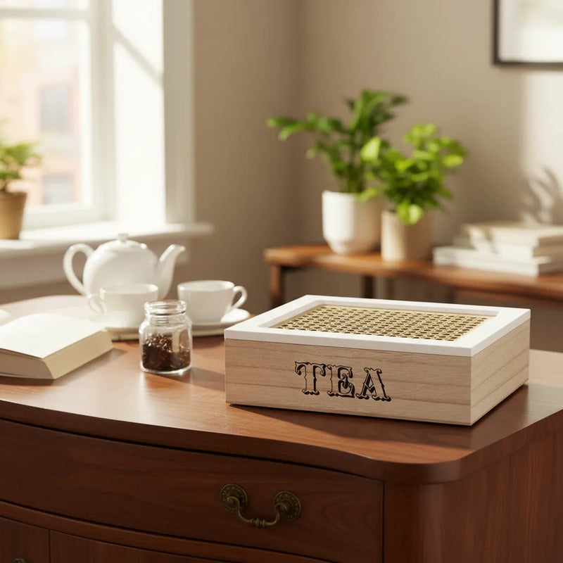 Caja Te Madera 6 Compartimentos Tapa Bambu 24x17x7 Cocina Marron Oscuro Madera Natural Vetas Visibles Acabado Elegante Nordico Decorativo Cocina Hogar Premium