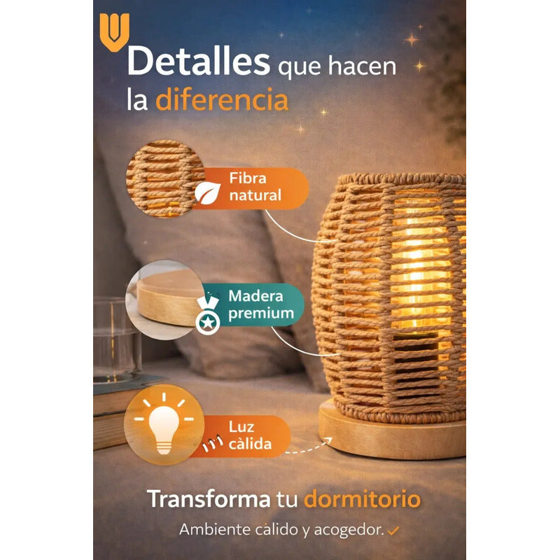 Pack 2 Lamparas Velador Bambu Led Pareja Iluminacion Calida Beige Natural Fibra Vegetal Estetica Organica Luz Calida Decoracion Boho Interiorismo Hogar Ambiente Relajante Bambu Natural Marron...