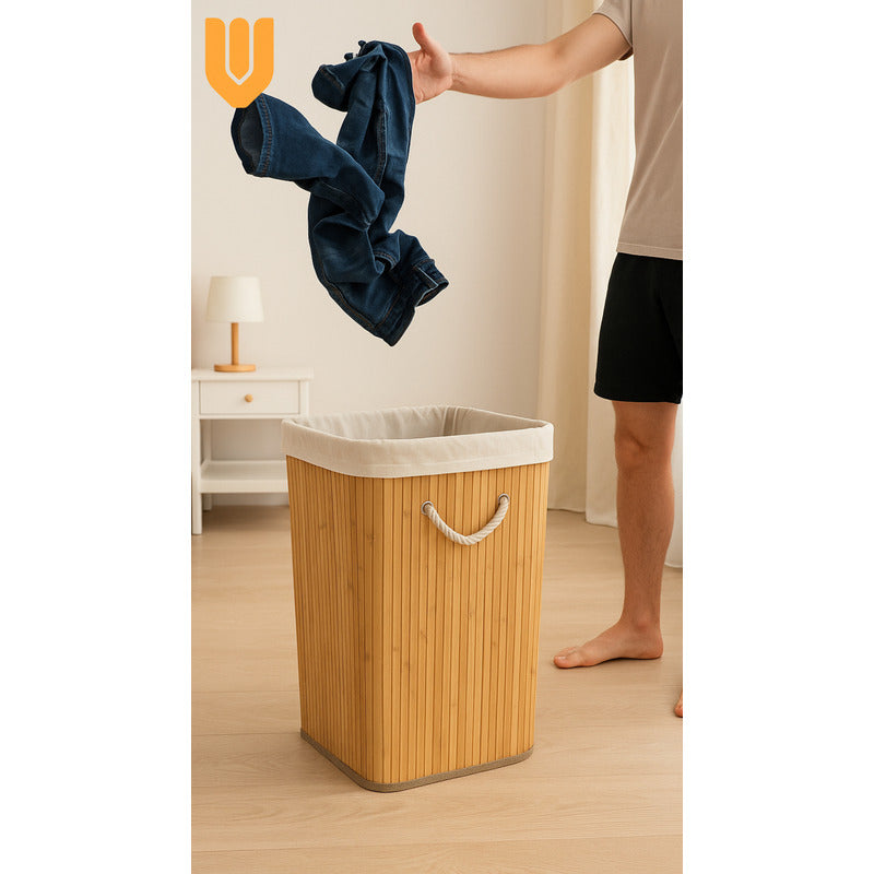 Canasto Ropa Bambu Tapa Cesto Organizador Ropa Baño Hogar Bambú Linea