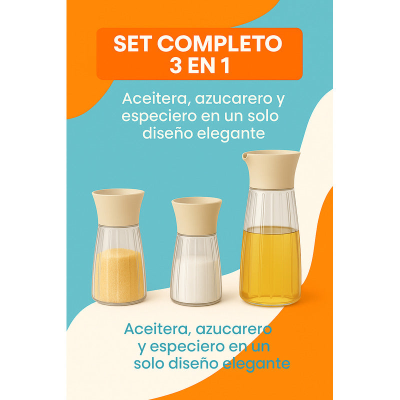 Set Frascos Vidrio Aceite Vinagre Sal Pimienta Cocina