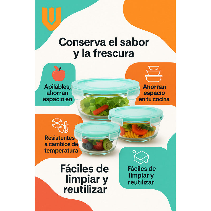 Vitrineon Set 3 Vidrio Hermético 400ml 650ml 1000ml Cocina