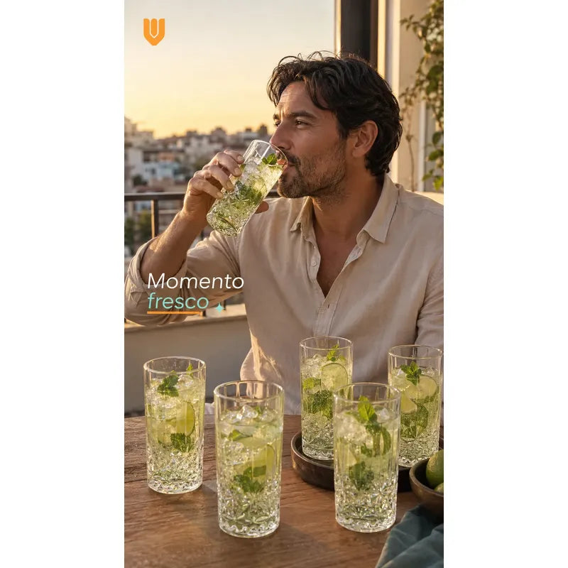 Set 6 Vasos Vidrio Altos 300 Ml Diseño Diamante Transparente Transparente Cristal Vidrio Claro Elegante Brillante Vaso Alto Set 6 Cócteles Jugos Bebidas Cocina Hogar Bar Uso Transparente - Pequeño