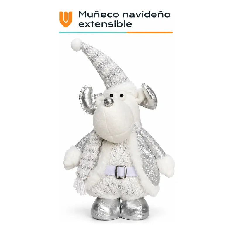 Muñeco Navideño Reno 70cm Retraible Decorativo Figura Blanco Muñeco Adorno Navideño Muñeco Papá Noel Viejito Pascuero Santa Claus Gorro Barba Blanca Figura Verdes Cascabel 70cm Retraible