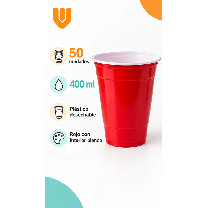 50 Vasos Desechables Plasticos Bebidas Fiesta 400ml Rojo Vasos Plásticos Desechables Rojos Unidades Fiesta Cumpleaños Eventos Asados Apilables Bebidas Bicolor Reuniones 400ml