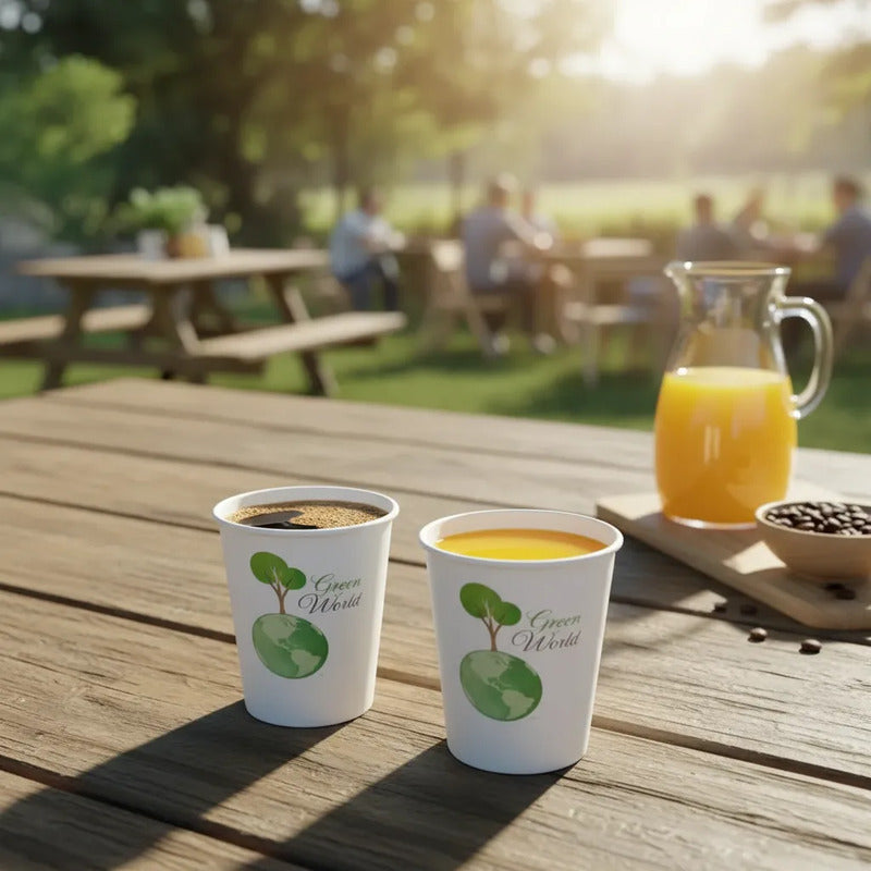 Vasos Bebidas Calientes Invierno Agua Jugo Caf 50und Premium Tono Blanco Verde Eco Biodegradable Diseño Limpio Moderno Textura Papel Compostable Estilo Sustentable Cafeterias Premium