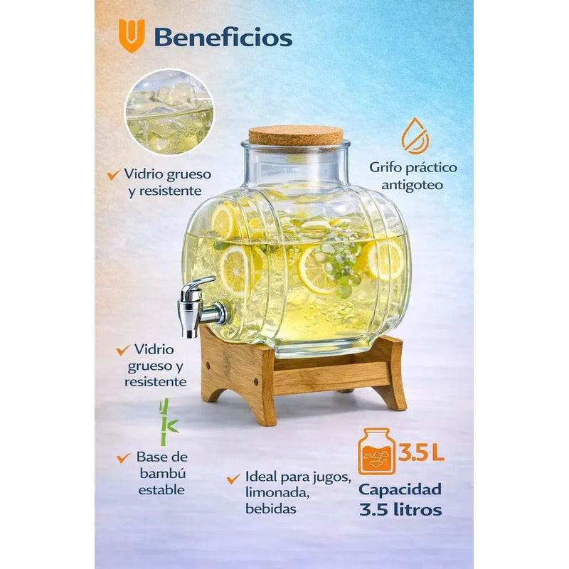 Recipiente Limonada Té Frío Celebración Picnic Familiar 3.5l Dispensador Bebidas Vidrio 3.5l Base Bambu Grifo Cocina Hogar