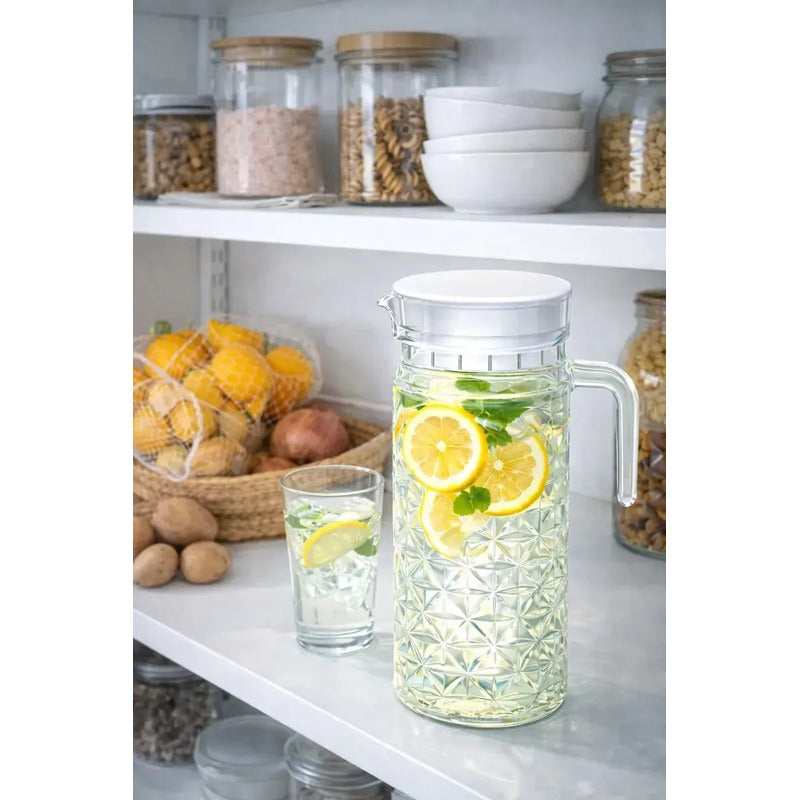Jarra Vidrio 1100ml Vintage Diamante Tapa Plastica Asa Hogar Transparente Diamante Vidrio Cristal Claro Brillante Elegante Cocina Mesa Hogar Bebidas Agua Jugo Limonada Batidos