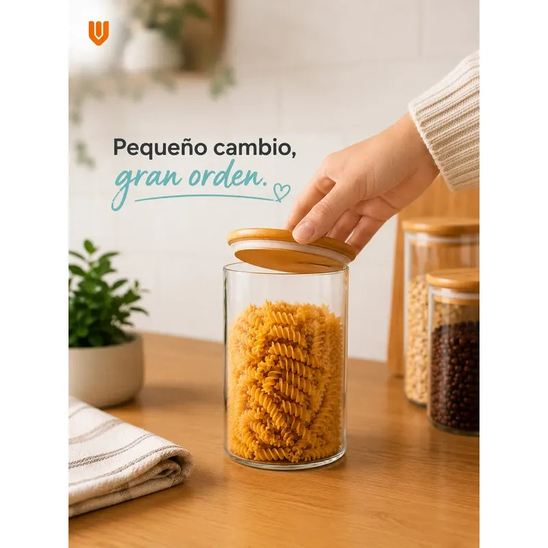 Frasco Vidrio Hermetico Bambu Conservero Hogar Cocina 300 Ml 6 Unidades Transparente Natural Bambú Cristal Claro Minimalista Cocina Gourmet Organizacion Moderna Elegante Premium