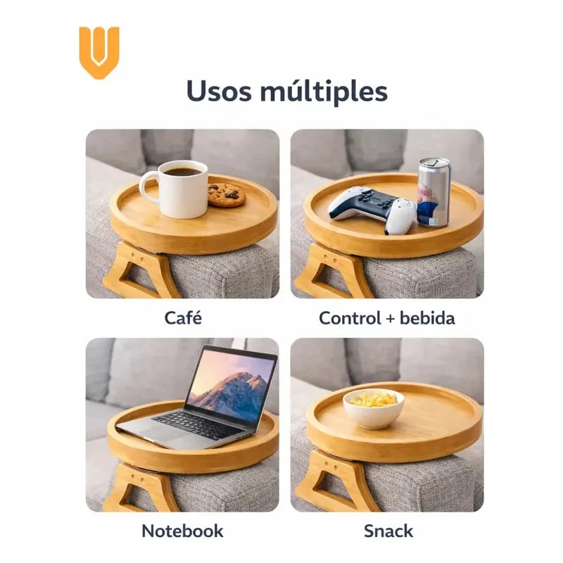 Pack 2 Bandeja Sofa Bambú Porta Vasos Reposabrazos Snacks So Soporte Madera Brazo Sillon Redondo Estable Antiderrame Copas Cervezas Aperitivos Cine Hogar Lounge Minimalista Natural