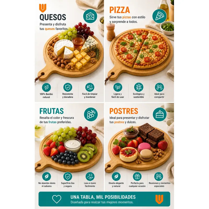 Tabla Bambu Pizza Picoteo Redonda Uso Hogar Cocina Resistent Bambú Natural Gourmet Artesanal Cocina Elegante Minimalista Rustico Premium Presentacion Pizza Picoteo Marron Natural Bambú Madera...