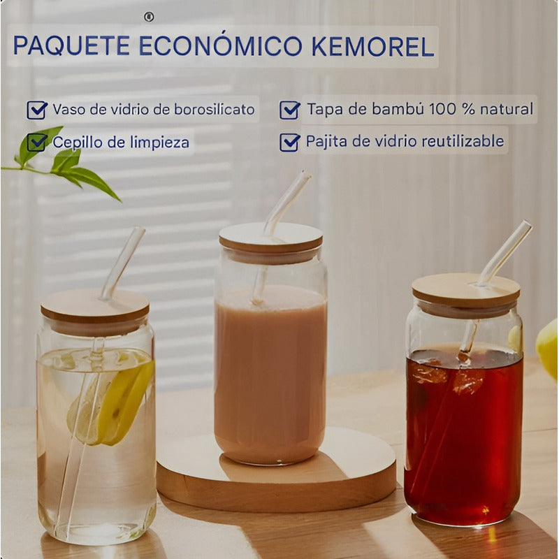 X4 Vaso Lata De Vidrio Con Bombilla Tapa De Bambu 480ml