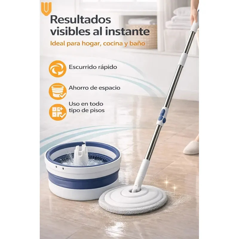 Mopa Vitrineon 360 Balde Plegable Microfibra Limpieza Hogar Blanco Azul Moderno Limpio Minimalista Elegante Hogar Cocina Baño Diseño Nordico Profesional Alta Calidad Resistente Dur
