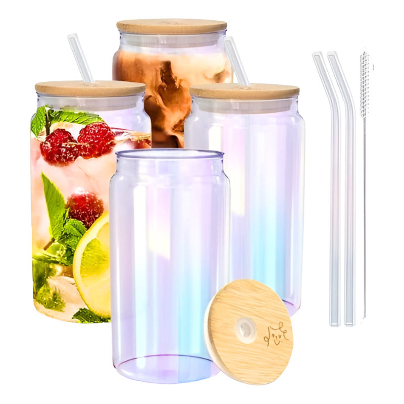 X4 Vaso Lata De Vidrio Con Bombilla Tapa De Bambu 480ml