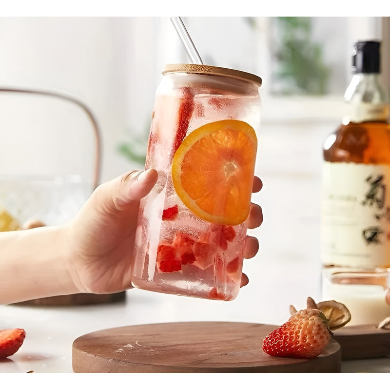 X4 Vaso Lata De Vidrio Con Bombilla Tapa De Bambu 480ml