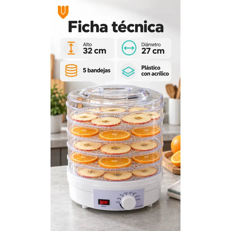 Deshidratador Alimentos Fruta Eléctrico 5 Bandejas Blanco Deshidratadora Eléctrica Secado Alimentos Frutas Verduras 5 Niveles Bandejas Apilables Transparentes Cocina Hogar