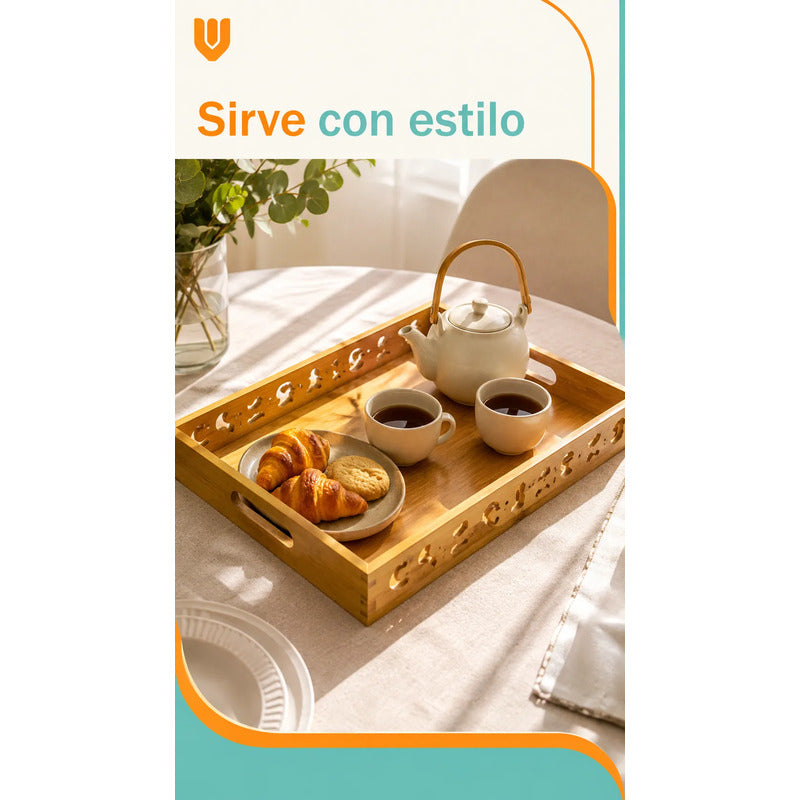 Set 3 Bandejas Desayuno Rectangular Bambú Servir Decorativas Set 3 Bandejas Bambú Rectangulares Asas Laterales Bordes Diseño Calado Apilables Servicio Hogar Cocina Set 3 Bandejas Desayuno