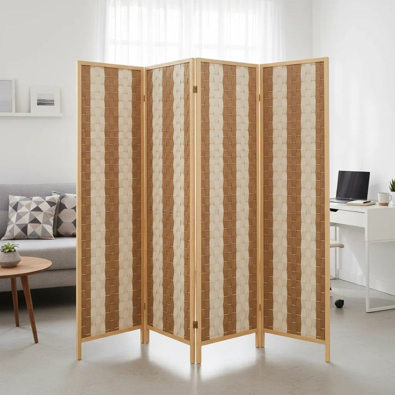 Biombo Separador Oficina Ambientes Divisor 4 Puertas 180 Cm Geométrico Blanco/marrón