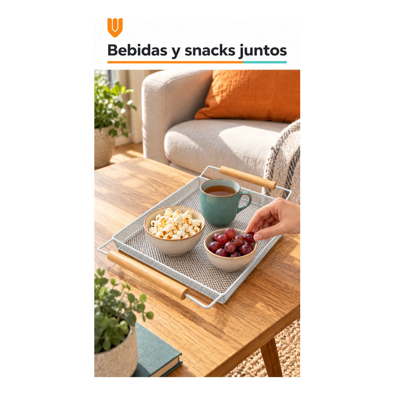 Bandeja Rectangular Metal Blanca Asas Madera Desayuno 44cm Blanco Bandeja Rectangular Malla Metal Asas Madera Base Calada Borde Elevado Servicio Desayuno Once Café Cocina Comedor 44cm-color Blanco
