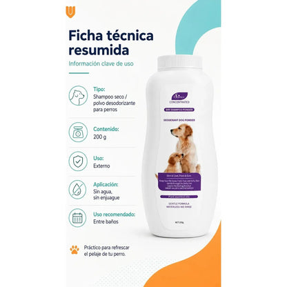 X2 Shampoo Seco Perro Desenredante Anticaida Pelo Higiene Shampoo Seco Perro Polvo 200 G Baño Seco Desodorizante Desenredante Anticaída Pelo Higiene Limpieza Rápida Pelaje Suave - 200g