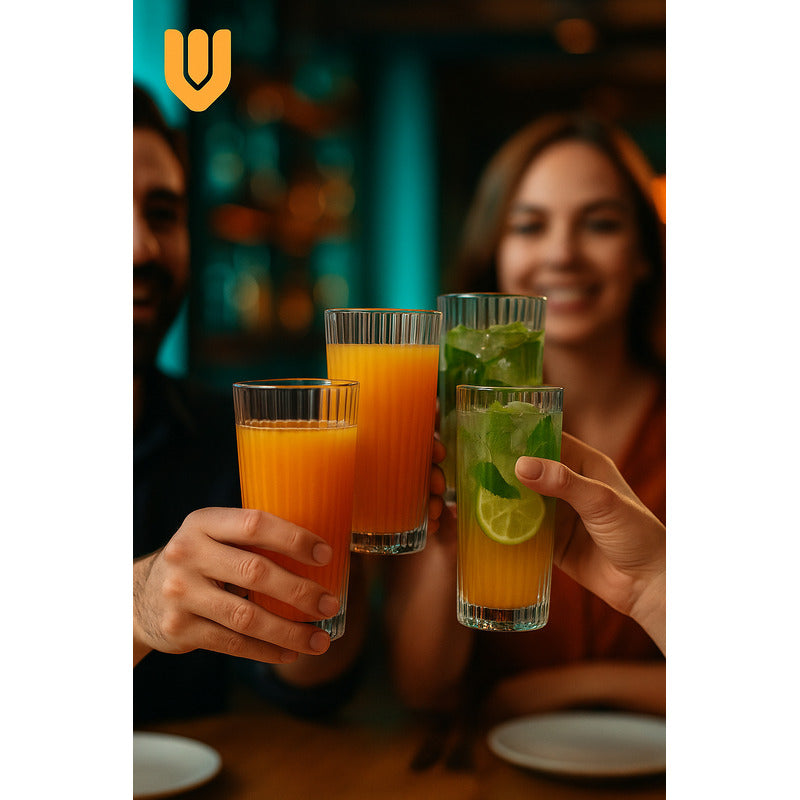 Set 6 Vasos Vidrio Alto Tallado Tragos Jugos Agua 250ml Bar Transparente