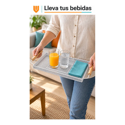 Bandeja Rectangular Metal Blanca Asas Madera Desayuno 44cm Blanco Bandeja Rectangular Malla Metal Asas Madera Base Calada Borde Elevado Servicio Desayuno Once Café Cocina Comedor 44cm-color Blanco