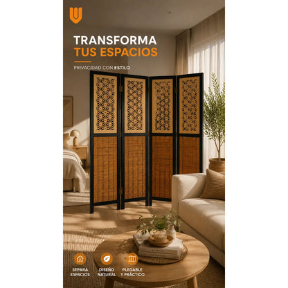 Biombo Separador 4 Puertas Oficina Divisor Ambientes 180 Cm Biombo Decorativo Separador Ambientes Moderno Plegable 4 Paneles Bambú Natural Living Dormitorio Oficina Marrón Negro Beige Bambú...