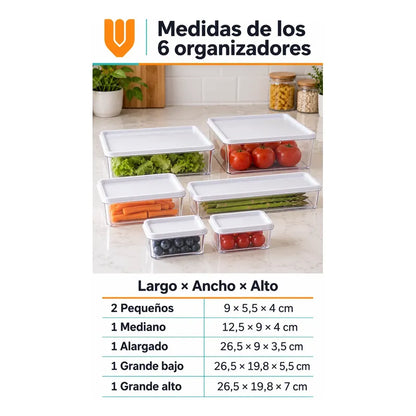 Set 6 Taper Organizadores Hermetico Tapa Conserveros Tupper Transparente Organizadores Alimentos Refrigerador Cocina Despensa Acrílico Transparente Tapas Blancas Rectangulares