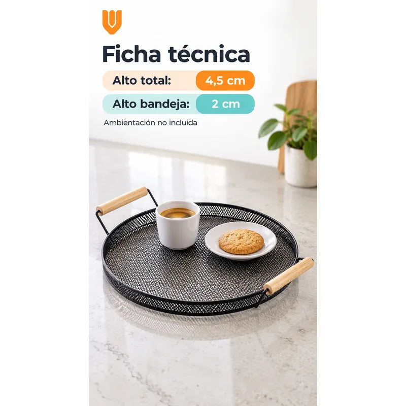 Bandeja Circular Metal Negro Asas Madera Desayuno 28cm Negro Bandeja Circular Redonda Malla Metal Asas Madera Base Calada Borde Bajo Servicio Desayuno Once Café Té Cocina 28cm