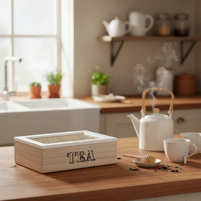 Organizador Infusiones Madera Bambu Estilo Nordico Hogar Top Tono Madera Oscura Natural Acabado Elegante Estilo Nordico Moderno Decorativo Vetas Visibles Premium Cocina Hogar Estetica Calida