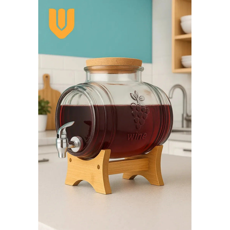 Dispensador Vidrio 5l Base Bambu Frasco Transparente Ideal Fiestas Reuniones Hogar Mesa Buffet Jugo Agua Refrescos Servicio Facil Elegancia Natural Centro Mesa Eventos Familia Amigos