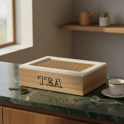 Caja Te Madera 6 Compartimentos Tapa Tejida Bambu Cocina Tono Madera Oscura Natural Acabado Elegante Estilo Nordico Moderno Decorativo Vetas Visibles Premium Cocina Hogar Estetica Calida