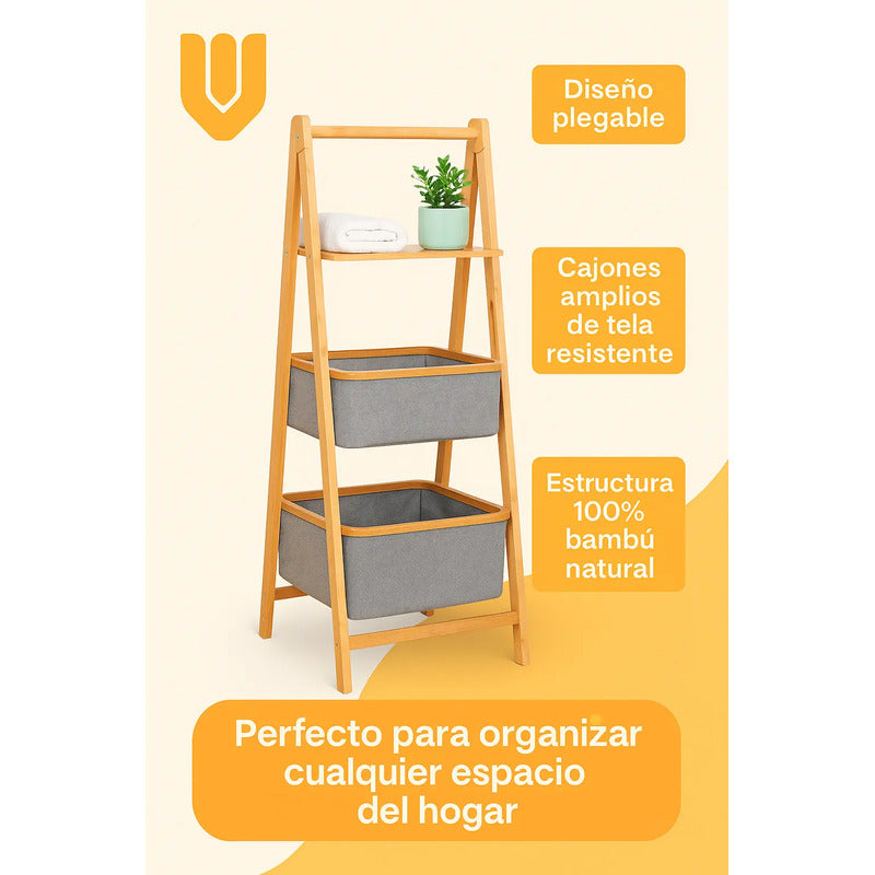 Mueble Estante Organizador Bambu Cestos Tela Repisa Baño Marrón Claro