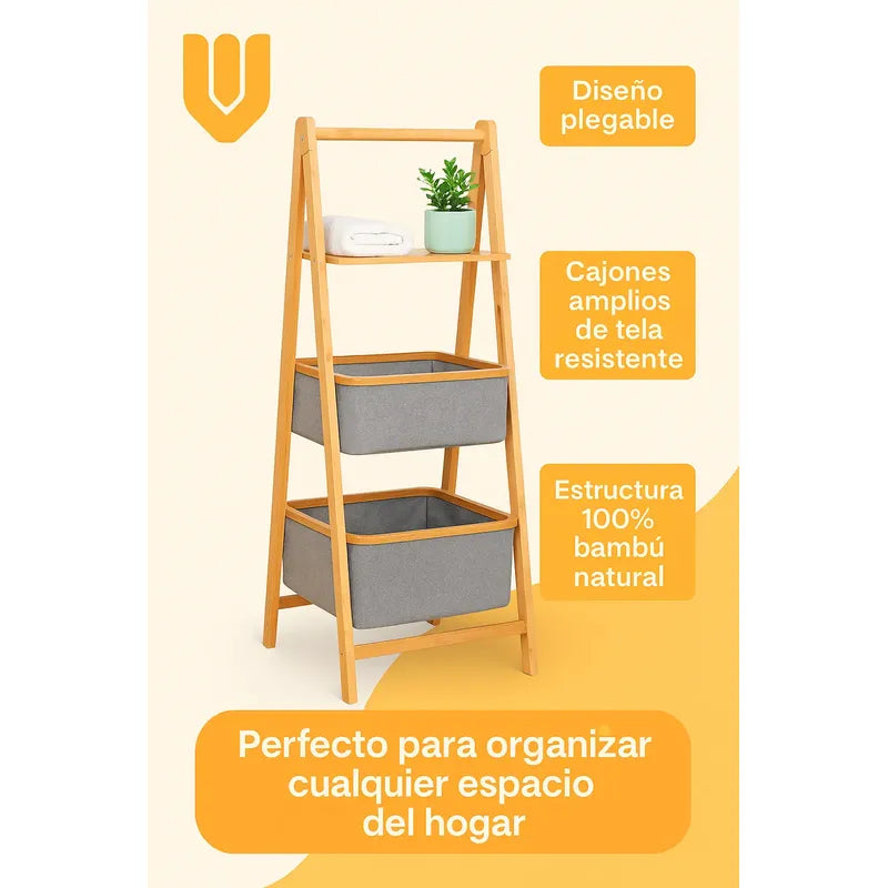 Vitrineon Mueble Bambu Organizador Baño Cestos Tela Estante Marrón Claro