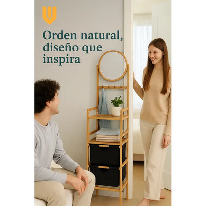 Organizador Bambú Ropa Espejo Doble Canasto Multifuncional Multicolor