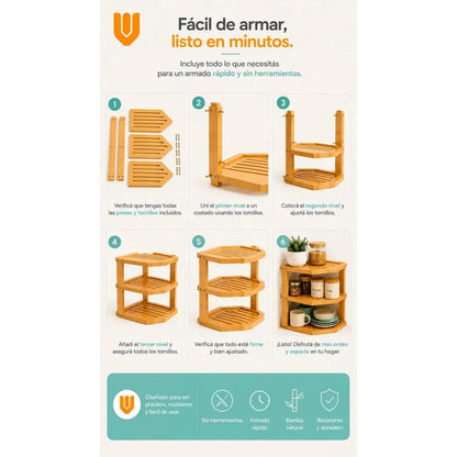 Almacenador 3 Niveñes Cocina Baño Espacios Reducidos Hogar M Marron Claro Bambu Natural Nordico Minimalista Elegante Moderno Cocina Baño Hogar Compacto Premium