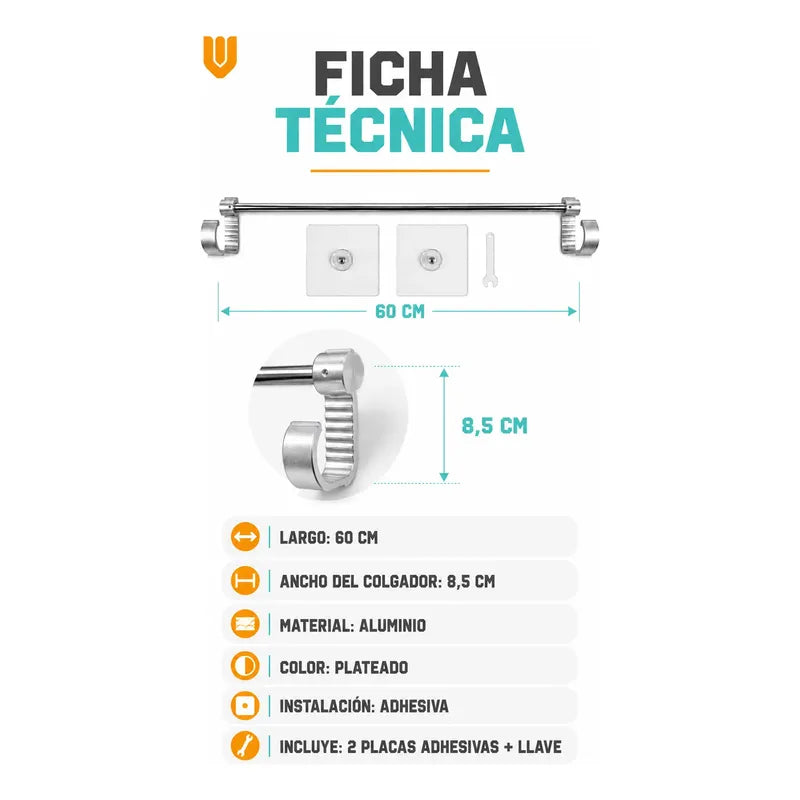 Toallero Adhesivo Baño Soporte Pared Organizador 60cm Toalla Toallero Adhesivo Baño 60cm Aluminio Plateado Porta Toalla Barra Pared Sin Taladro Dos Ganchos Organizador Moderno Mural 8,5x60cm
