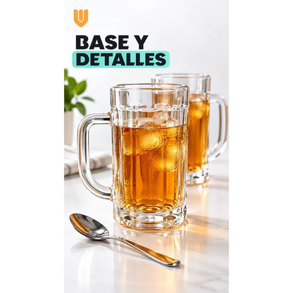 Pack 2 Vasos Vidrio Cerveza Asa 400ml Transparente Shoperos Vasos Vidrio Con Asa 400ml Pack 2 Jarros Cerveceros Transparentes Cerveza Jugo Agua Té Café Frío Relieve Mesa Cocina 400ml