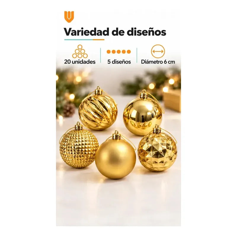 40 Esferas Navidad Adorno Bolas Decorativas Dorado 6cm Esferas Navideñas Clásicas Decorativas Acabados Brillantes Mate... 6 Cm Diámetro