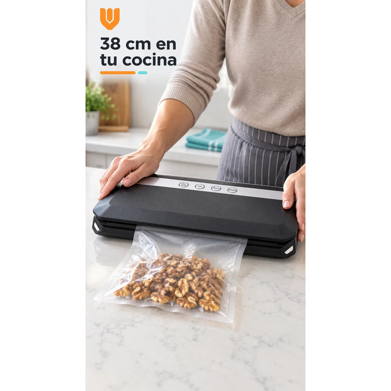 Selladora Vacio 38cm Negra Alimentos Máquina 10 Bolsas Negro Selladora Vacío Alimentos Sellado Empacadora Envasadora Bolsas Texturizadas Cocina Porciones Organización