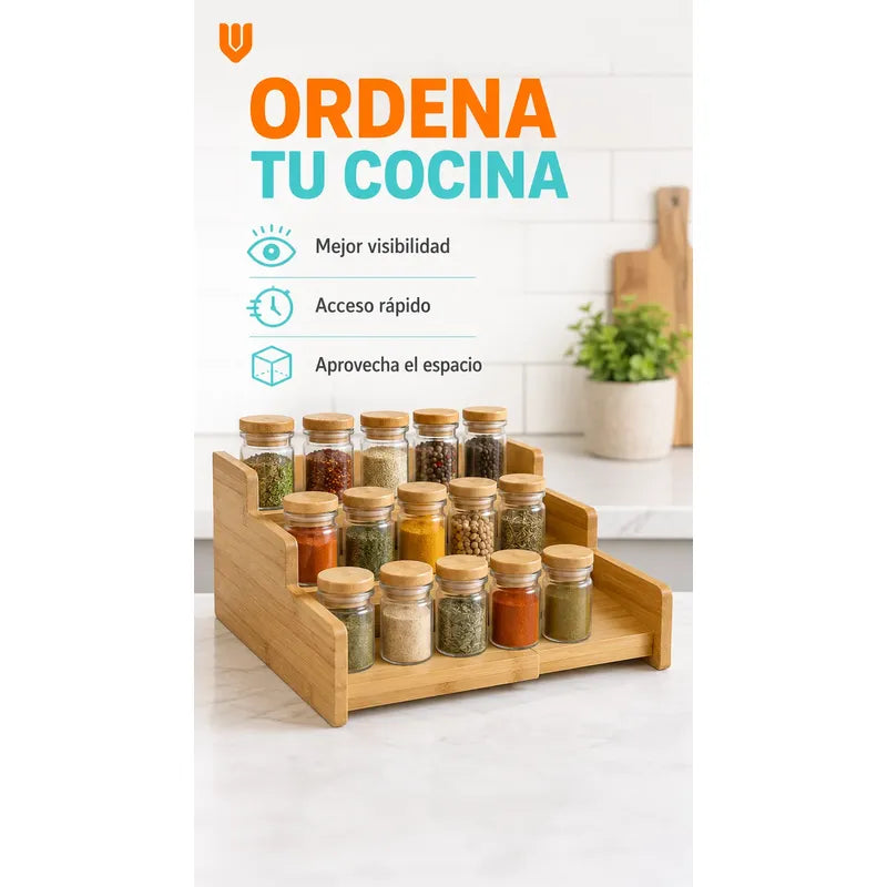 Organizador Porta Condimentos Especiero Expandible 3 Niveles Bambú Organizador Especias Expandible 3 Niveles Especiero Escalonado Cocina Despensa Condimentos Ajustable 22 A 38 Cm