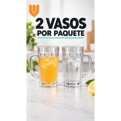 Pack 2 Vasos Vidrio Cerveza Asa 400ml Transparente Shoperos Vasos Vidrio Con Asa 400ml Pack 2 Jarros Cerveceros Transparentes Cerveza Jugo Agua Té Café Frío Relieve Mesa Cocina 400ml